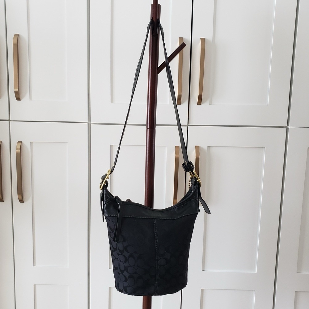 Coach Crossbody Bag Bleeker Black Signature Canvas Leather Trim Bucket Purse - Picture 3 of 14